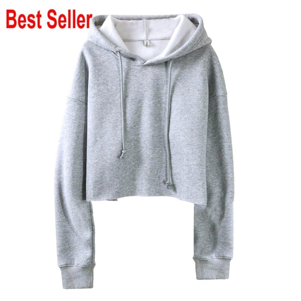 Fleece Cropped Hoodie Long Sleeve Pullover Drop Shoulder Drawstring Hood